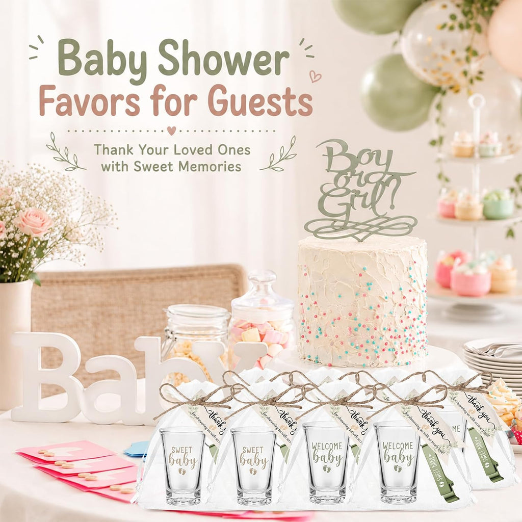 Pickmesh 96 Pcs Baby Shower Party Favors for 24 Guest, Boy Girl Shot Glasses Gifts, Bottle Openers, Thank You Tags, Organza Bags Gender Reveal Party Baby Shower Return Gifts for Guest (Sage Green)
