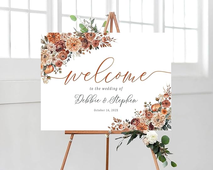 Personalized Wedding Welcome Sign, Autumn Terracotta Boho Wedding Sign Signage 12" X 18" (Small), 27" (Medium), 36" (Large), Plastic, Modern, Pole Mount, Weather