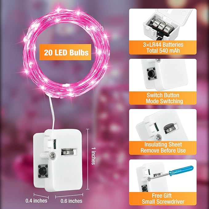 12 Pack Fairy Lights Battery Operated - 7ft 20 Led Twinkle Lights 3 Modes, Bulk Mini String Lights Waterproof for Mason Jars Vases DIY Party Wedding Decoration Christmas - Pink