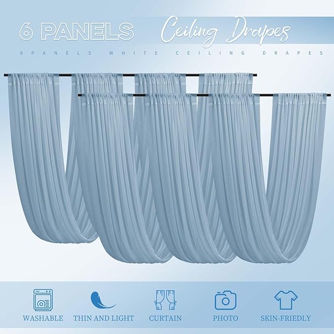 6 Panels Dusty Blue Ceiling Drapes for Wedding 5ftx30ft Ceiling Drapes Wedding Arch Draping Fabric Cheesecloth Sheer Curtain Romantic Ceiling Decorations for Weddings Party Banquet Ceremony Stage
