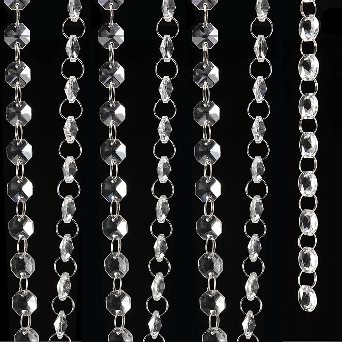 JOIKIT 52 Feet K9 Crystal Garland Strands, 14mm Crystal Chandelier String Beads Chain Clear Octagon Prism Diamond String for Decorations, Lamp, Wedding, Lobby
