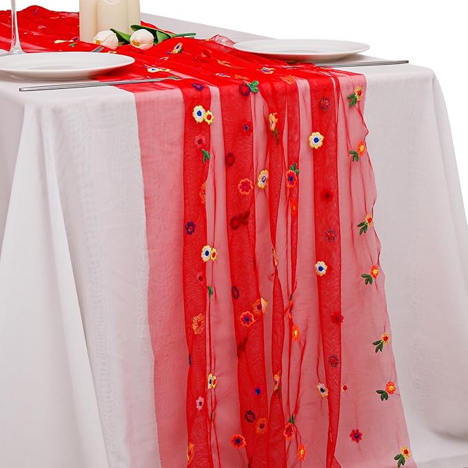 BINBE 1pcs Daisy Fall Table Runner Embroidery Gauze 10FT Florals Seasonal Tulle Holiday Birthday Kitchen Dining Table Decor for Home Party Red