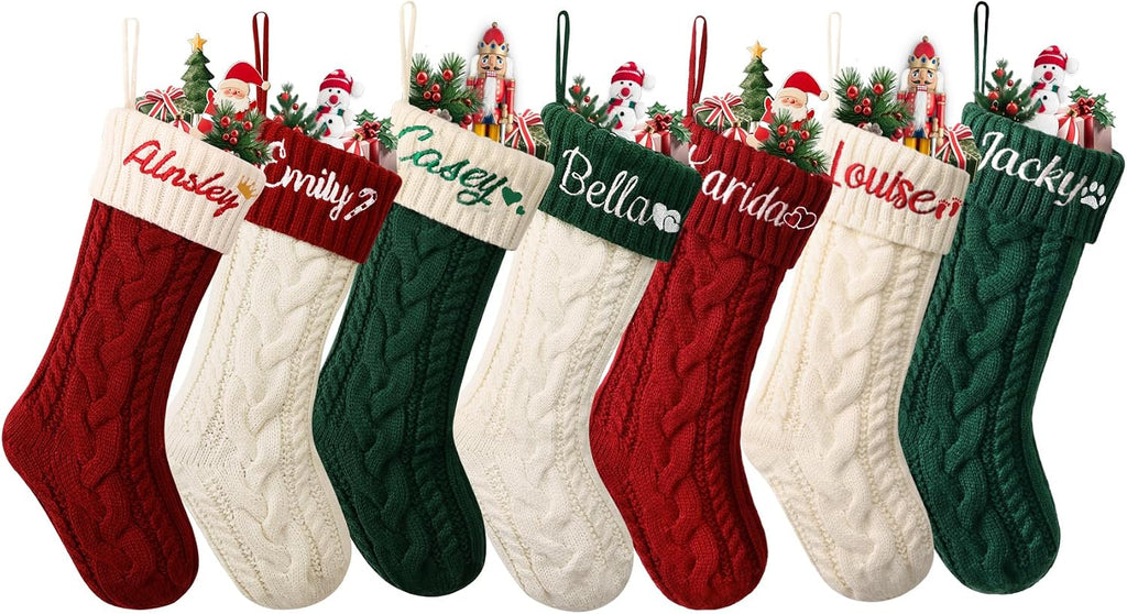 ELEGANTPARK Personalized Christmas Stockings 1 Pack Knit Christmas Stockings with Embroidered Names Red Green White Xmas Decoration for Fireplace Hanging Holiday Decoration for Family Kids 18 Inch