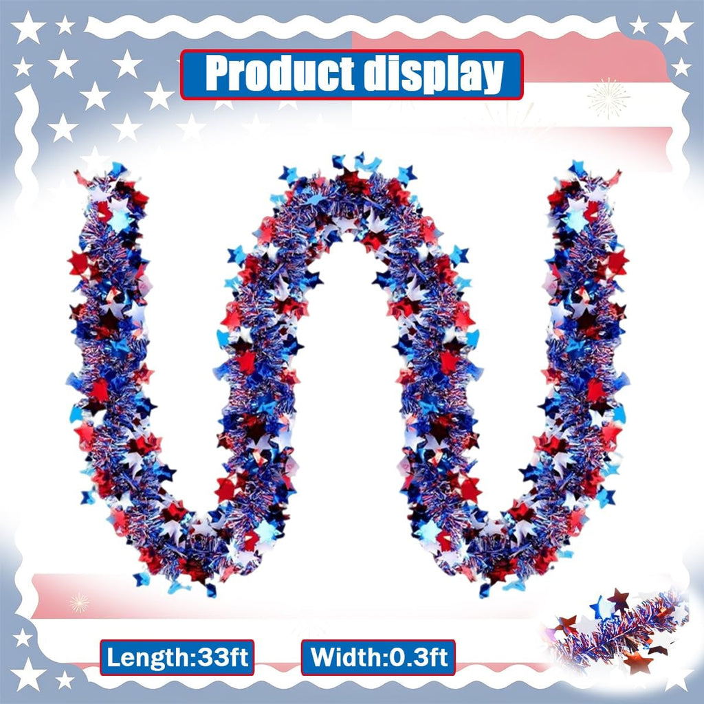 4th of July Red White Blue Star Tinsel Garland - 33 Ft Memorial Day Patriotic Decoration Independence Day Metallic Tree Fine Filament Garland Glitter Tinsel Hanging Twist for Veterans Day Decor