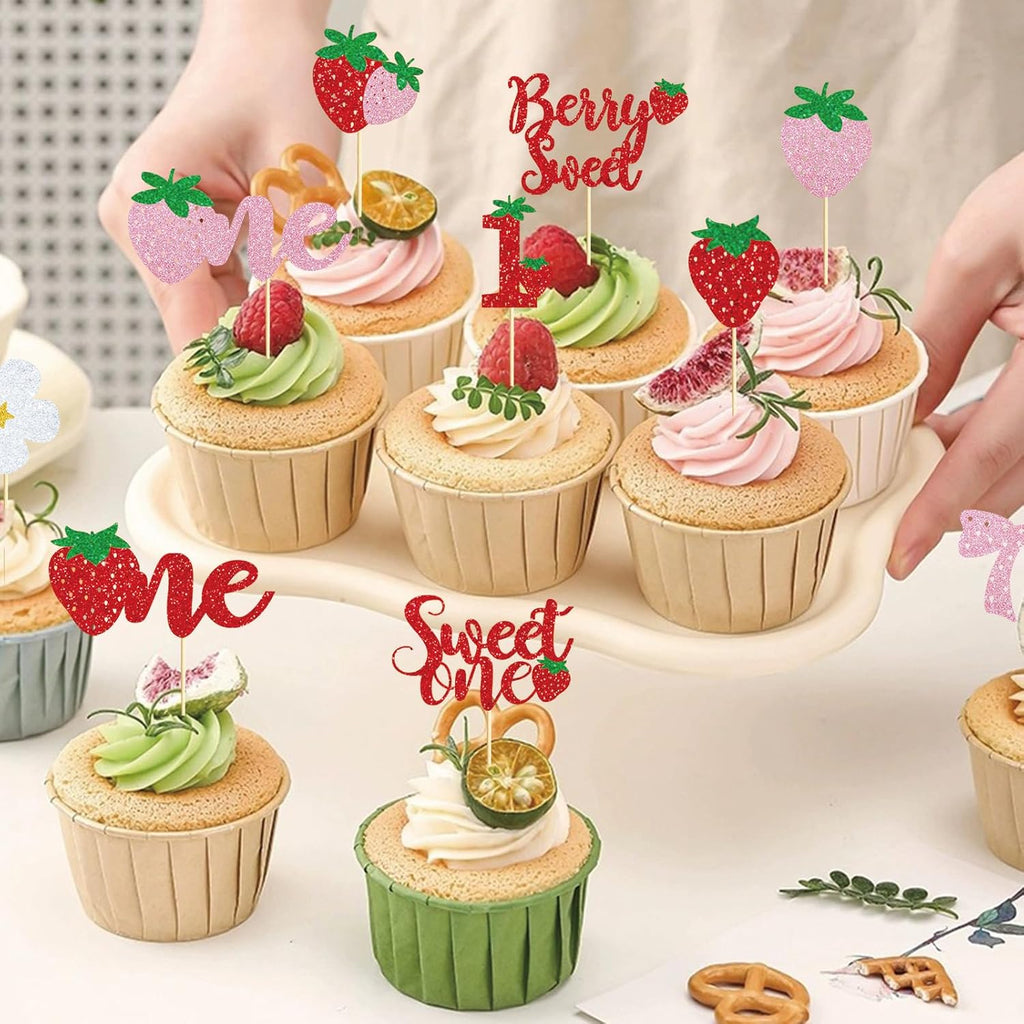 Berry First Birthday Decor, Berry 1st Cupcake Toppers Decorations | Berry 1st Banner, Sweet One, Strawberry, for Baby Shower Decorations, Girls First Birthday Party Supplies