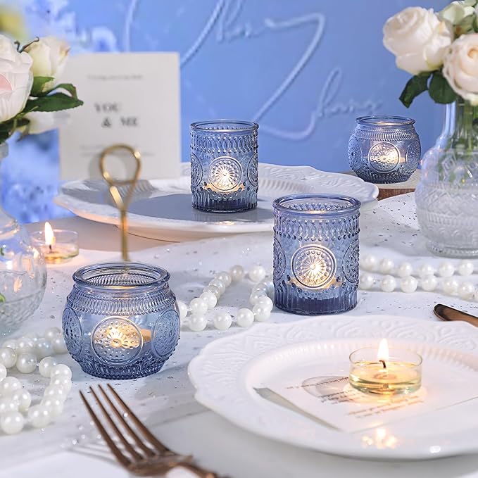 DARJEN 12Pcs Blue Votive Candle Holders - Votive Candle Holders Bulk, Glass Candle Holder for Party Decoration, Tea Lights Candle Holders for Wedding