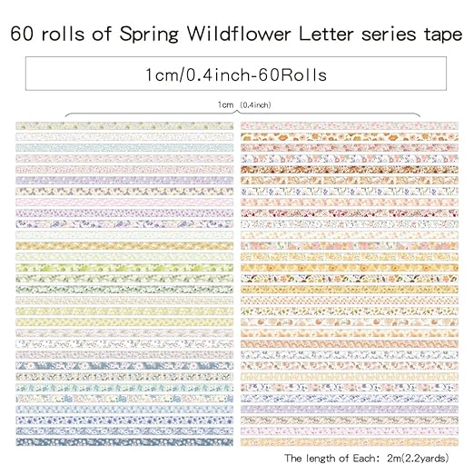 60 Rolls Flowers Theme Washi Tape Set with Different Colorful Patterns, Writable Decorative Tapes for Scrapbooking, Bible Journaling, Bullet Journaling, 0.39'' x 79'' per Roll