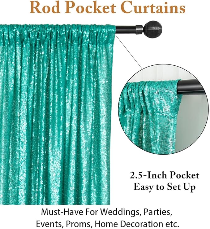ShinyBeauty Sparkle Backdrop Curtain Teal 2 Panels Set Sequin Photo Backdrop Christmas Green 2FTx8FT Sequin Backdrop Curtain Pack of 2 Christmas Photo Backdrop-1220S