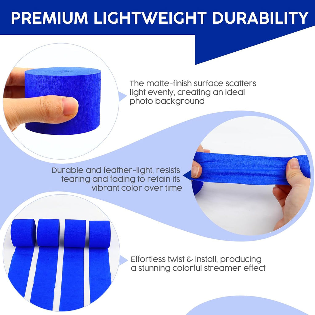 4 Rolls Crepe Paper Royal Blue Streamers – Perfect for Streamers Party Decorations, Wedding, Birthday, Graduation Party, Independence Day, Colored Decor, and DIY Craft Supplies(1.8 Inch x 82 Ft/Roll)