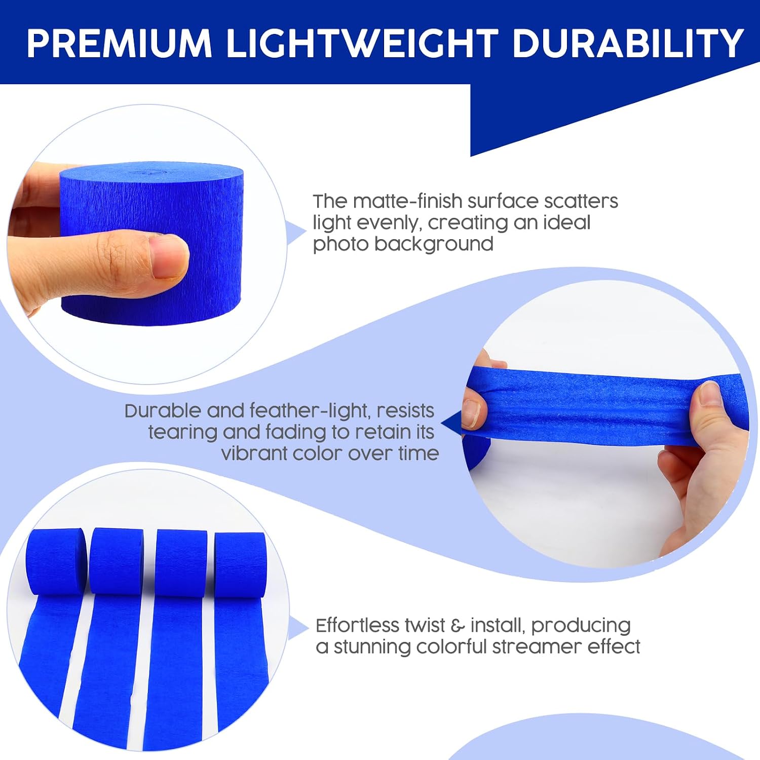 4 Rolls Crepe Paper Royal Blue Streamers – Perfect for Streamers Party Decorations, Wedding, Birthday, Graduation Party, Independence Day, Colored Decor, and DIY Craft Supplies(1.8 Inch x 82 Ft/Roll)