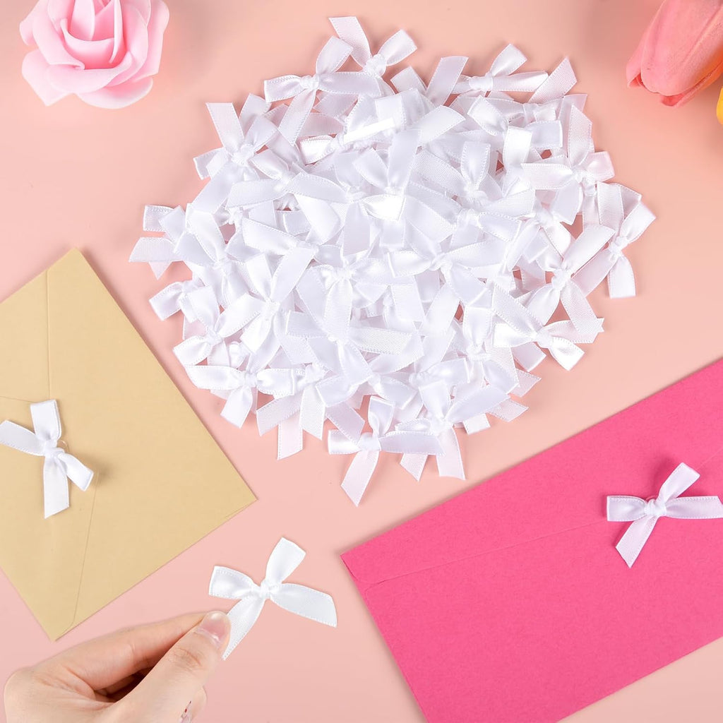 NEBURORA 100 Pcs Mini White Bows Small Satin Fabric Ribbons Bow with Dot Stickers for Gift Wrapping Cake Card DIY Crafts Wedding Party Decorations