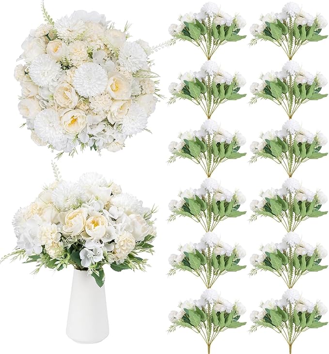12 Packs Peonies Artificial Flowers,Silk Artificial Peonies Flowers Fake Peony Faux Floral Arrangements Bouquet for Centerpiece Table Wedding Party Home Decor White