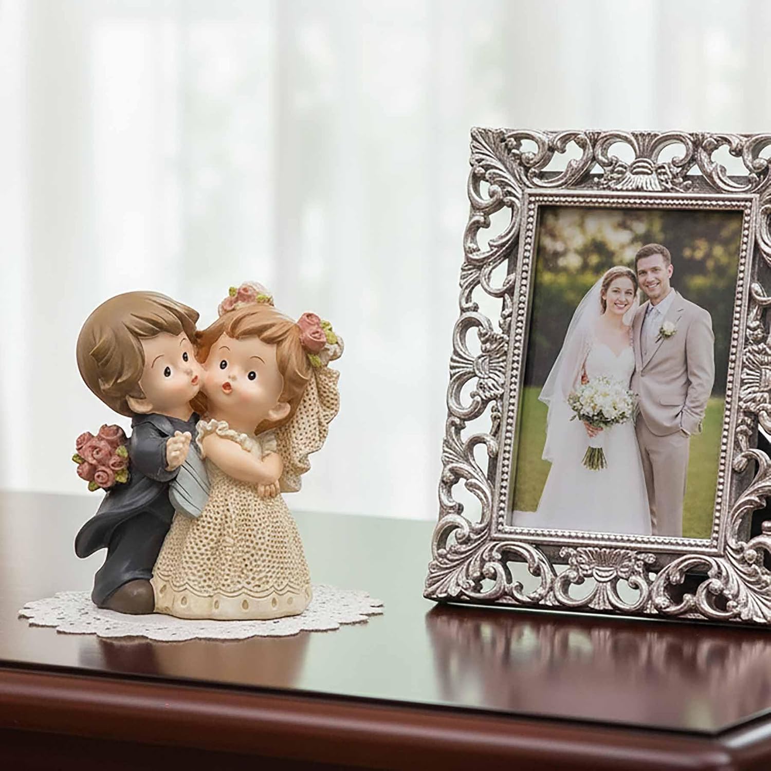 Bride and Groom Figurine, Romantic Wedding Couple Statue, 3.15 Inch | Hand-painted resin wedding cake topper with floral details for reception tables, keepsake displays and romantic gifts