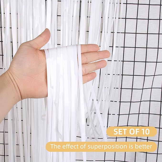 10 Pack White Foil Curtain Backdrop 3.2ft x 9.8ft Black Metallic Tinsel Foil Fringe Curtains Streamer Photo Booth Backdrop for Birthday Party Engagement Bachelorette Party Decorations (White)