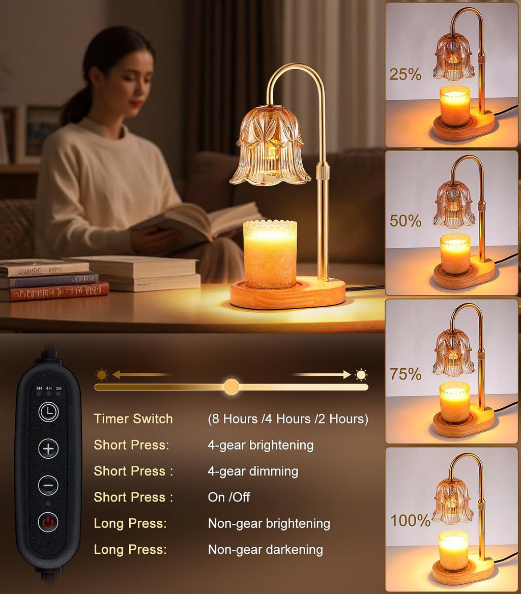 Candle Warmer Lamp Adjustable Timer - Electric Flower Glass Candles Warmers - Height Adjustable Dimmable Vintage Base Modern Wax Candles Top Warmers Wax Melts Birthday Women Mom House Warming Gifts