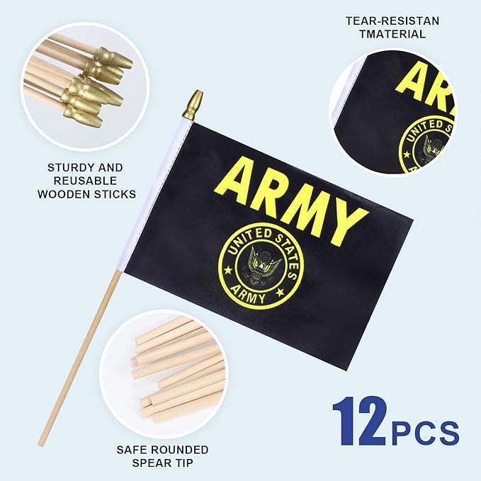 12Pcs Small USA Gold Crest Flags on Wooden Stick Mini Military Flag Hand Held Flag Decorations,5x8 Inch