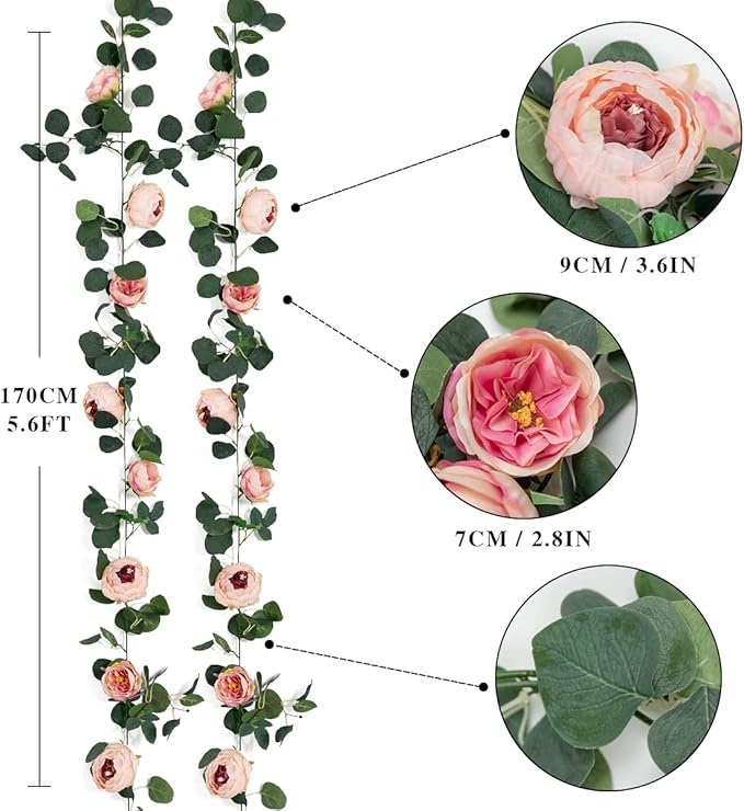 Floweroyal 2 Pack Artificial Flower Garlands 11.2FT Eucalyptus Garlands with Flowers 8 Head Peony Flower Vine Faux Floral Garland for Wedding Arch Table Wall Backdrop Wreath Decoration. (Vintage Pink)
