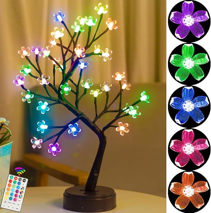 Pooqla RGB Cherry Blossom Tree Light with Remote 28 Colors LED Artificial Flower Bonsai Tree, RGB Table Top Lamp Home Lit Tree Valentine's Day Christmas Decoration 36 LED, Brown Branch