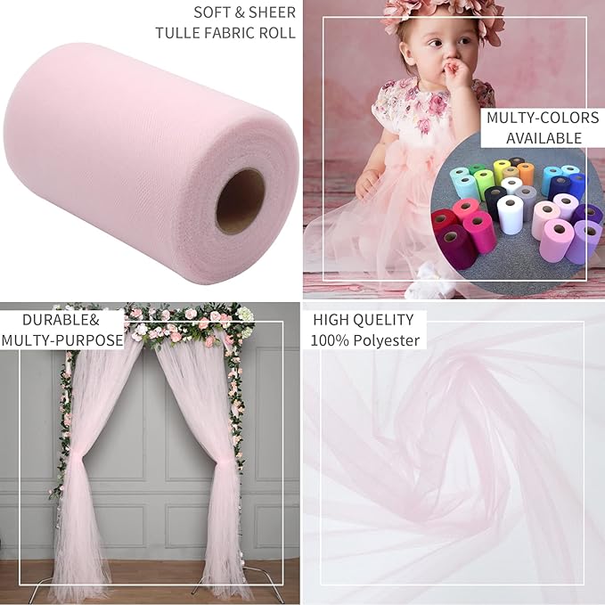 Light Pink Tulle Fabric Rolls 6 Inch by 100 Yards (300 feet) Fabric Spool Tulle Ribbon for DIY Light Pink Tutu Bow Baby Shower Easter Birthday Party Wedding Decorations Christmas Craft Supplies
