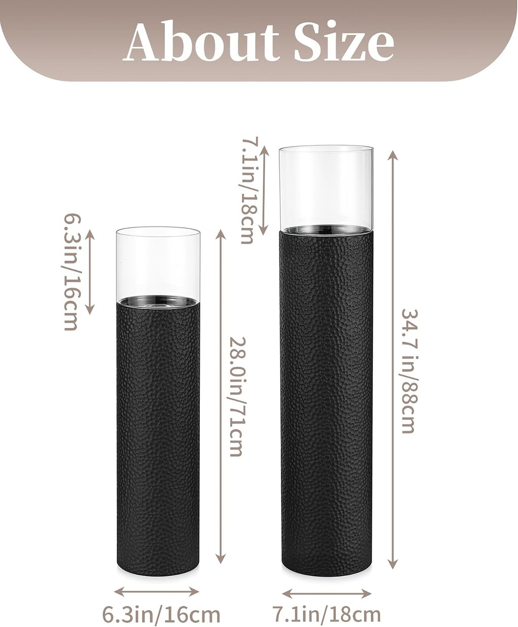 Sziqiqi Tall Floor Candle Holders: 34/27 inch Hurricane Pillar Candleholders Set of 2 for Home Decor - Large Black Cylinder Candle Stand for Outdoor Porch Living Room Fireplace