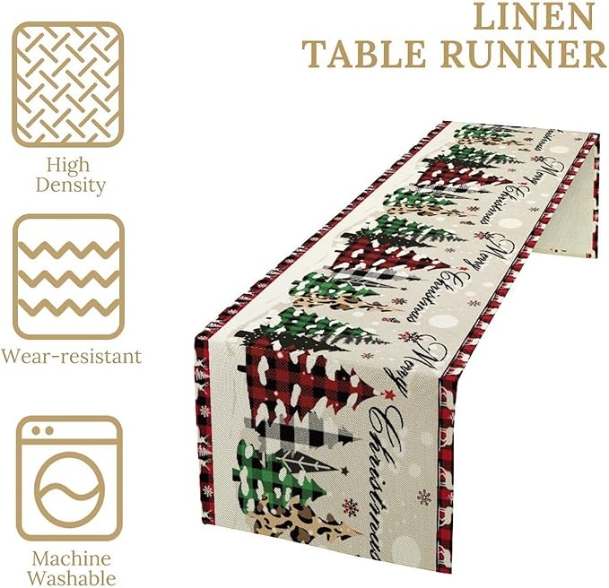 Christmas Tree Table Runner,Farmhouse Xmas Trees Buffalo Plaid Winter Snowflake Tablecloth Burlap for Hotel Indoors Outdoor Dining Room Kitchen Home Decor,W13X L90 in