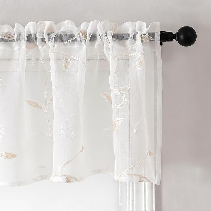 VISIONTEX Sheer Voile Curtain Valances, Decorative Leaves Embroidered, Rod Pocket Window Treatment for Kitchen/Rustic Bedroom/Living Room (54 x 16 Inch,1 Panel)