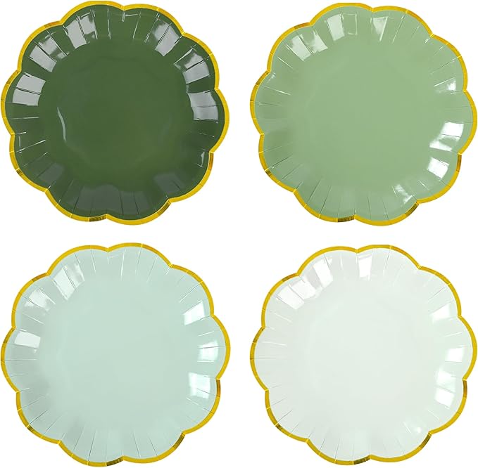 Sage Green Party Plates Gradient Green Dessert Paper Plate 7inch Gold Foil Scalloped Edge Disposable Cake Plates for Christmas Birthday Bridal Baby Shower Wedding Party Supplies (48)