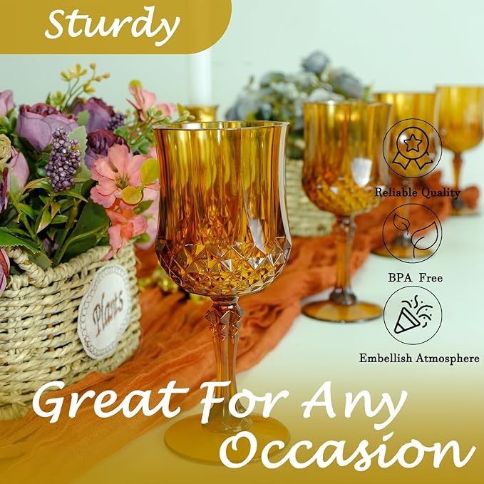 Plastic Wine Glasses，100PCS Amber Plastic Goblets Vintage Style Cordial Drinking Glasses for Wedding Reception, Grand Event Party Supplies (100, Amber)