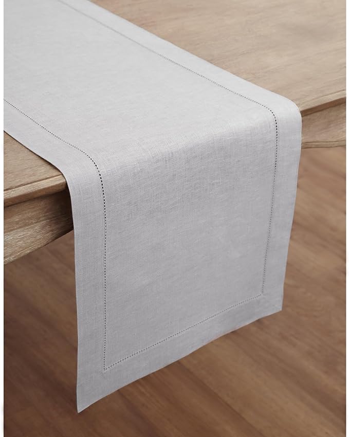 Solino Home Linen Soft Grey Table Runner 48 Inches - Classic Hemstitch, 100% Pure Linen Coffee Table Runner 14 x 48 Inch Ideal for Dresser Tables - Fall, Autumn, Halloween, Thanksgiving, Christmas