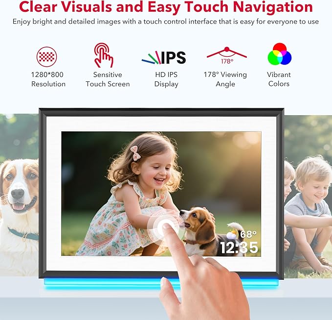 RCA 10.1" WiFi Digital Picture Frame Uhale App Photo Frames Electronic HD IPS Touch Screen Display with 32GB Memory LED Lights, Support USB/SD Card, Slideshow, Instantly Share Photos Videos