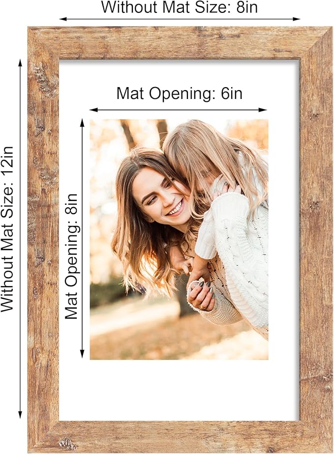 8x12 Picture Frame Set of 4 with High Definition Real Glass, Display 6x8 Pictures with Mat or 8 x 12 Without Mat, Rustic Brown Wood Photo Frames for Tabletop and Wall Mounting