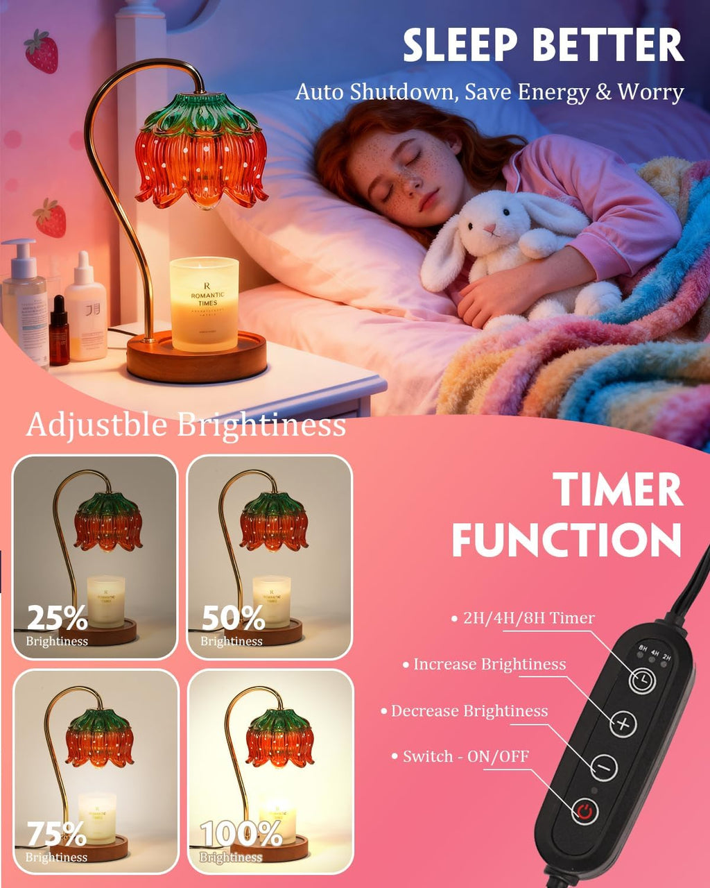 Funistree Flower Candle Warmer Lamp with Timer, Dimmable Candle Lamp Warmer, Christmas Birthday Gifts for Women Mom Her, Housewarming Home Decor, Lotus Wax Warmer for Yankee Candles - Strawberry
