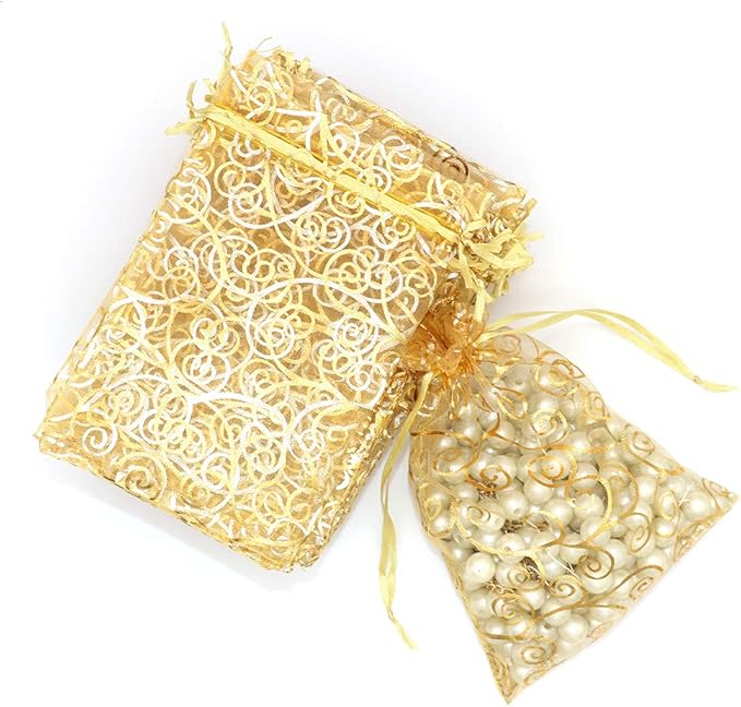 Staruby Organza Gift Bags 100Pcs Gold Sheer Organza Bag 4x6 Inch Mesh Favor Bags Drawstring Jewelry Rattan Printed Gift Pouches for Wedding Party Favors Couple Shower Christmas Gifts Candy Bags