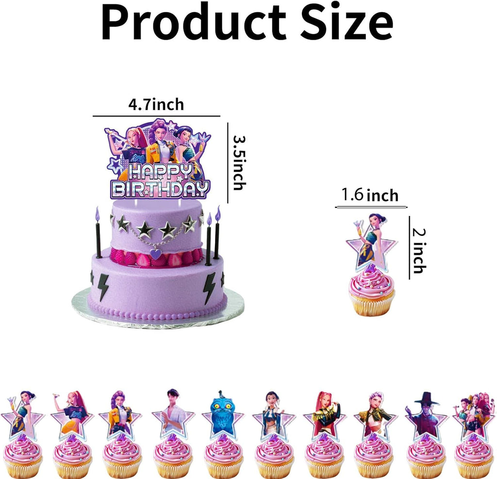 Demon Movie Hunters Birthday Cake Topper, Cute Anime Cake Decorations Include 1Pcs Happy Birthday Cake Topper and 20Pcs Cupcake Topper for Cartoon Party Decorations
