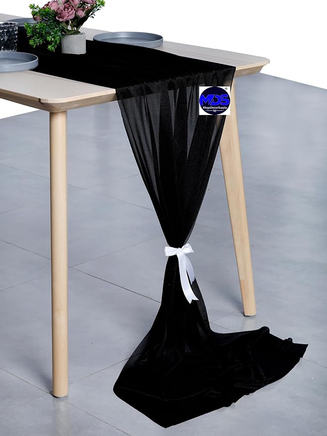 MDS 25 Pack 10ft Chiffon Table Runner 29 x 120 Inches Sheer Wedding Runner Romantic Rustic Table Runner for Wedding Decorations, Birthday Parties, Bridal Shower Party Arch Decor - Black
