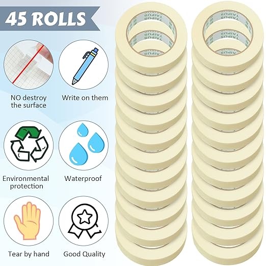 Masking Tape Bulk General Purpose Masking Painting Tape 55 Yards for Painting Home Office School Stationery Arts Crafts Basic Use, Easy Removal(45 Rolls,0.8 Inch)