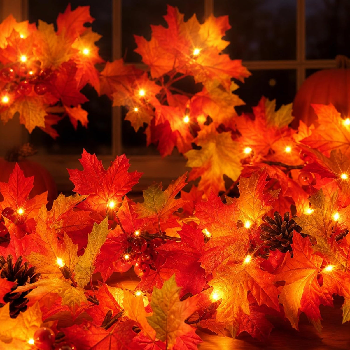 Fall Decorations Lighted Fall Garland with Pinecones and Berries, 9FT 50 Inca...