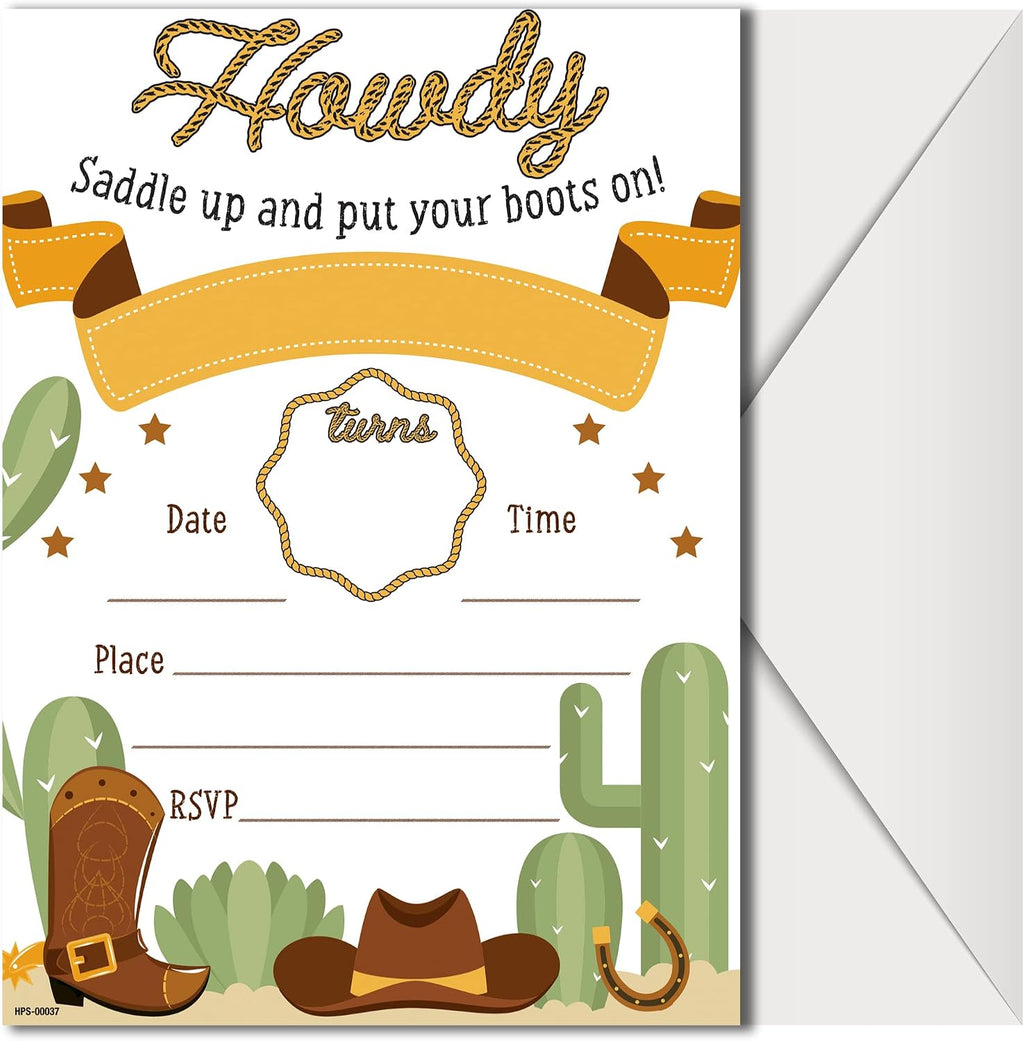 Western Party Invitations with Envelopes - (Pack of 20) - Cowboy & Cowgirl Birthday invites for Boys, Girls, Toddlers, Children and More. Rodeo Wanted Party Supplies. Fill In Style.