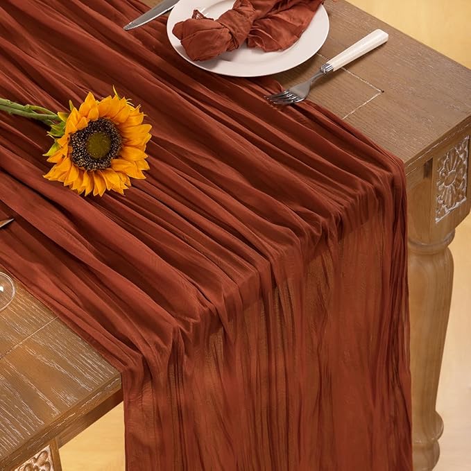 Terracotta Cheesecloth Table Runner Fall Burnt Orange Cheese Cloth Table Runner 120 Inches Rust Thanksgiving Fall Table Decorations for Friendsgiving Wedding Bridal Baby Shower Party