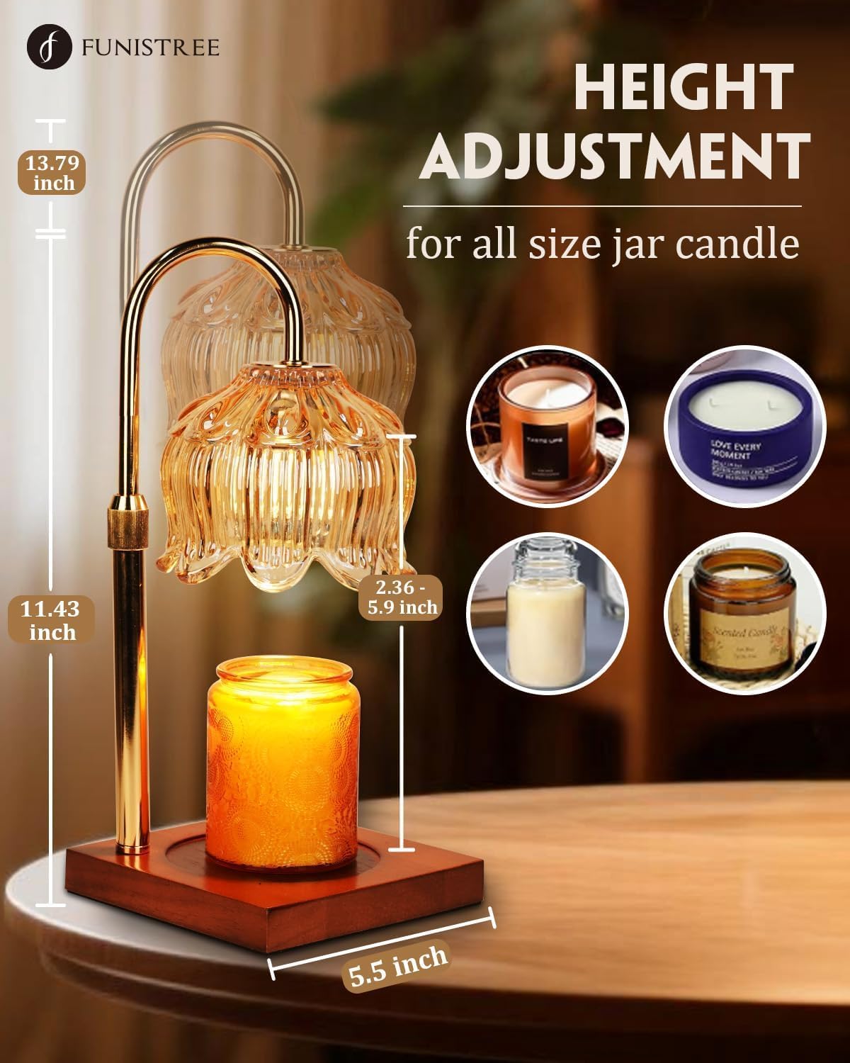 Funistree Flower Candle Warmer Lamp with Timer & Dimmer, Adjustable Height Candle Warmer, Christmas Birthday Gifts for Women Mom, House Warming New Home Decor, Wax Warmer with 2 Bulbs for Jar Candles