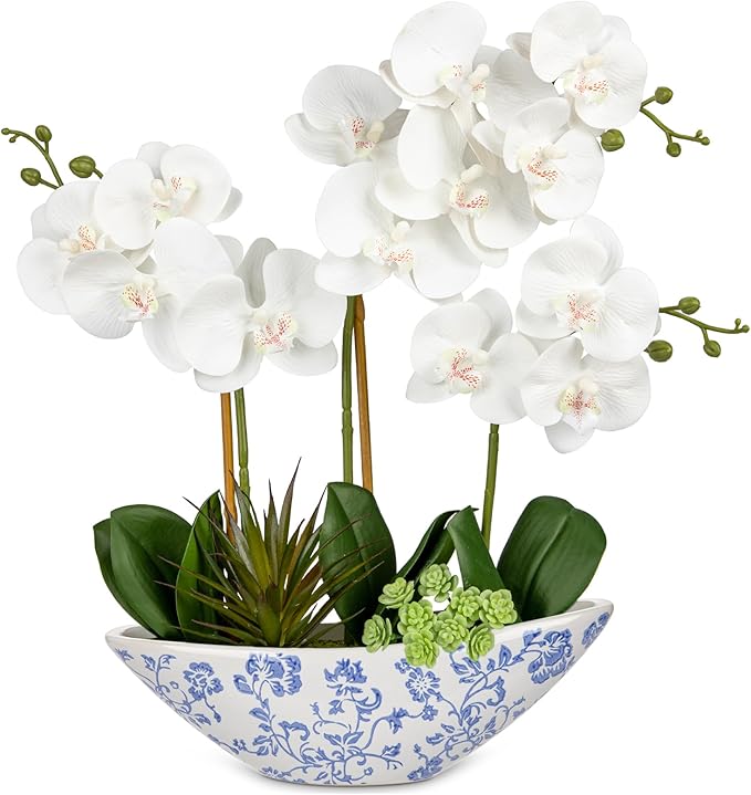 Briful White Orchid Fake Flowers 17in Artificial Orchid Silk Flowers in Blue and White Ceramic Pot Faux Orchid Arrangement for Home Office Bathroom Dining Table Modern Decoration