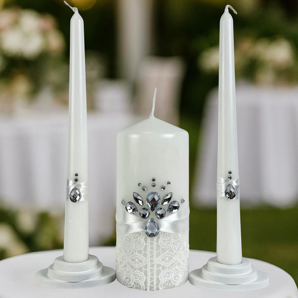 Unity Candle Set - Wedding Ceremony & Reception – 6” Pillar & Two 10” Taper Candles – Long Burning Unity Candles for Marriage Ritual – Handmade in USA – White|Cristal|Lace