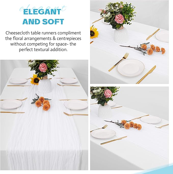 Aktor 12 Pack White Table Runner Boho Cheesecloth Table Runner Semi Sheer Gauze Fabric Runners for Wedding Birthday Baby Shower Party Boho Table Decoration（White）