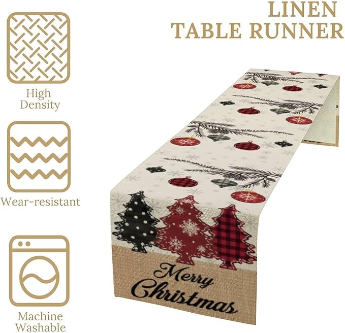 Merry Christmas Table Runner,Winter Xmas Holiday Kitchen Dining Table Decoration for Home Party Decor 13x36 Inch