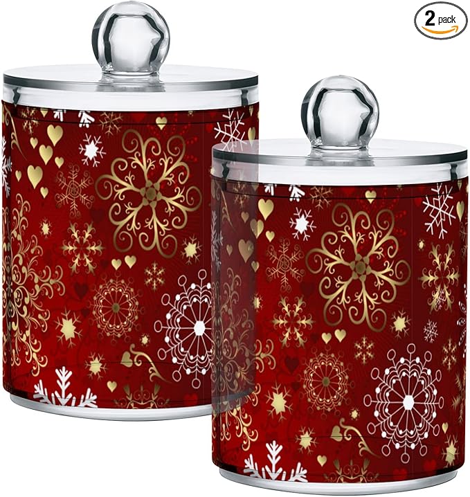 Gredecor Christmas Winter Qtip Holder Dispenser 2 Pack Gold and White Snowflakes Apothecary Jars with Lids Bathroom Vanity Countertop Canister Storage Organizer for Cotton Ball,Swabs,Pads,Floss