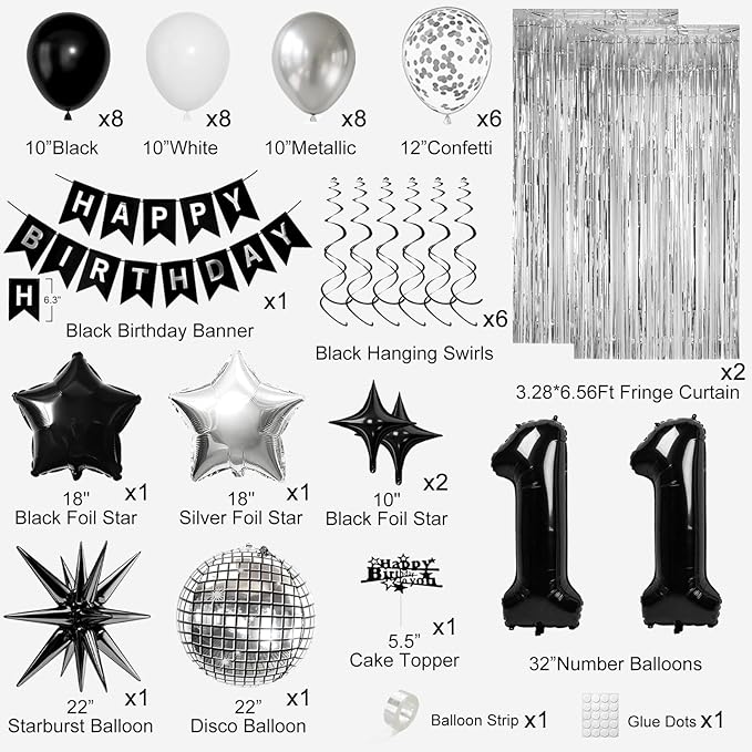 11th Birthday Decorations for Boys Girls, Black Silver Happy Birthday Party Decorations， 11 Year Old Party Supplies with Number 11 Balloons, Banner, Fringe Curtains Kit