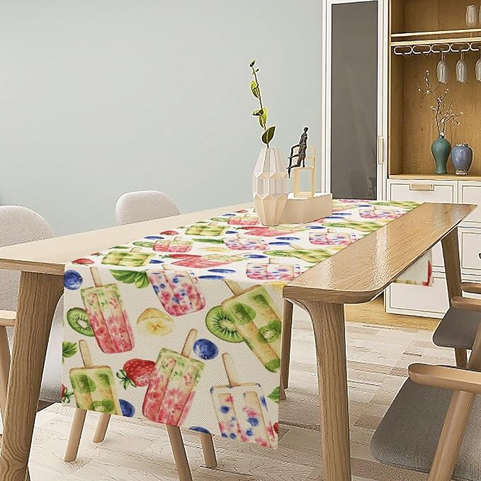 Ice Cream Table Runner, Watercolor Fruit Ice Popsicles Berry Kiwi Cold Summer Desserts Seasonal Dinner Runner for Party Holiday Home Kitchen Dining Table Decor 13"x36"