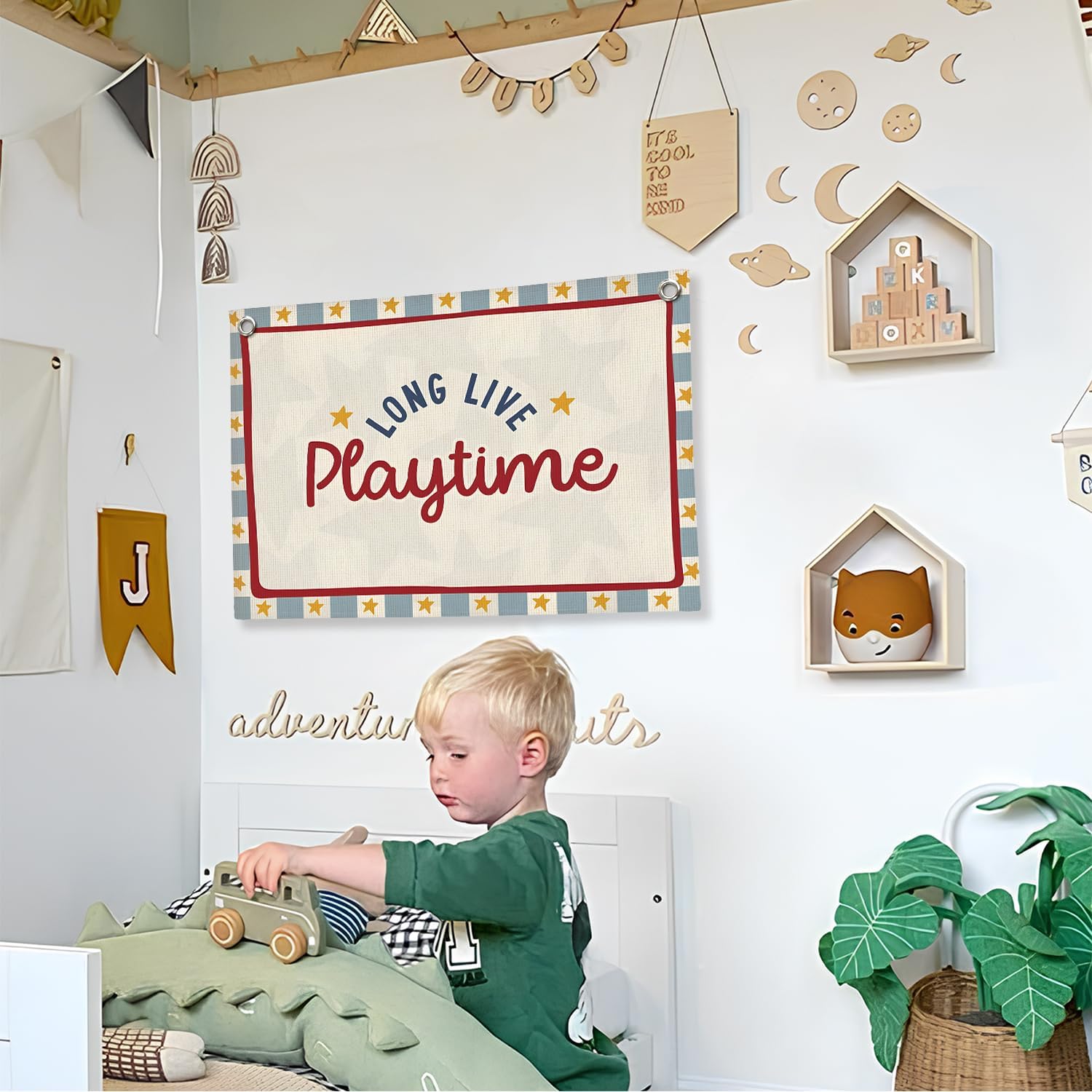 Playroom Wall Decor, Long Live Playtime Linen Canvas Banner,Toddler Playroom Decor Kids Room Nursery with Star Pattern Wall Decor for Toddler Boys Toy Room Bedroom,30x20 Inch