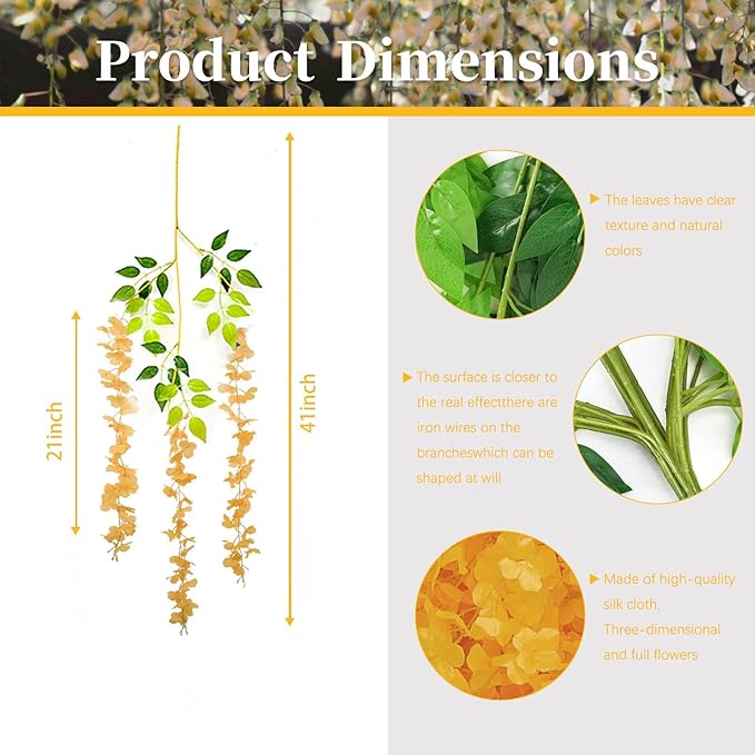 5 Pack Orange Wisteria Hanging Flowers, 3.44 Ft Fake Hanging Flowers, Artificial Wisteria Garland Vines for Wedding Room Backdrop Outdoor Patio Garden Decoration