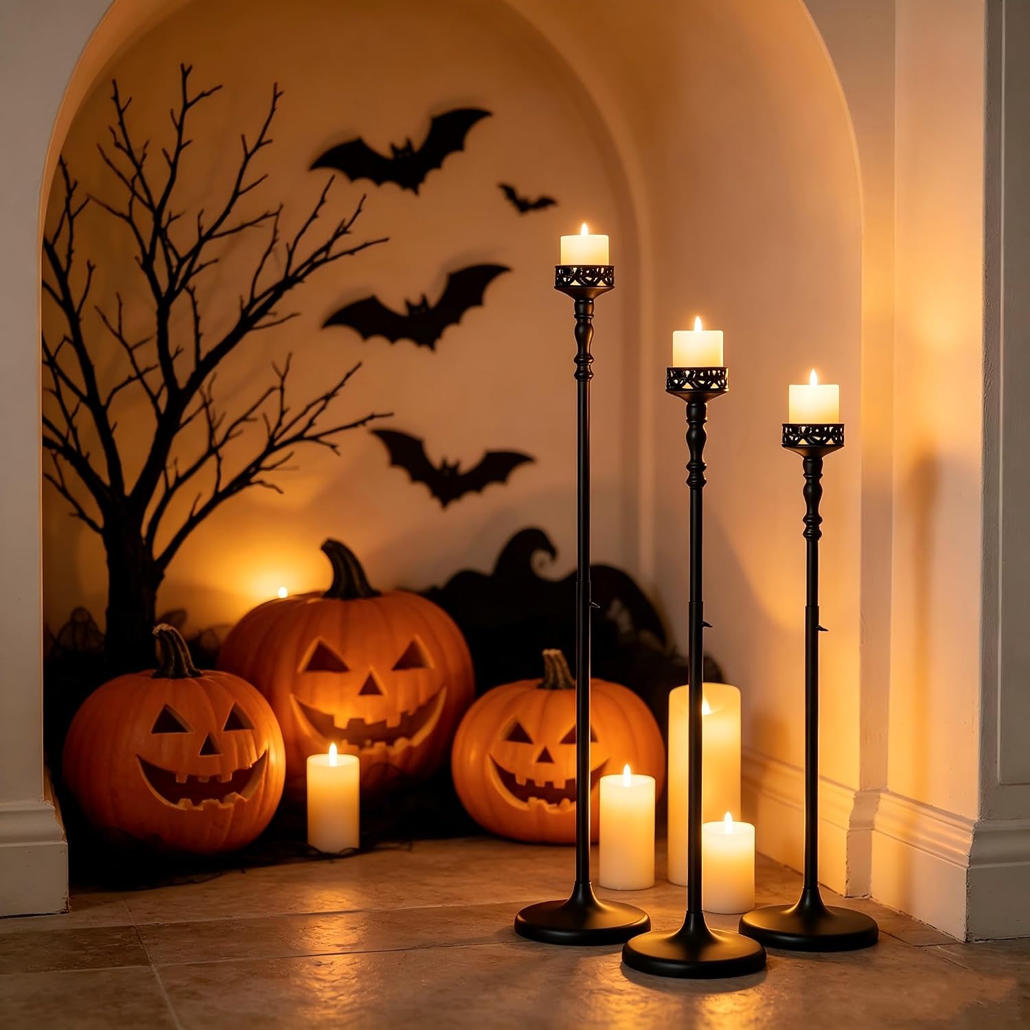 3Pcs Matte Black Floor Candle Holders Centerpieces for Pillar Candles | Adjustable Height,Halloween Metal Candlestick Set,Wedding Party Home Ceremony Mantel Fireplace Decorations